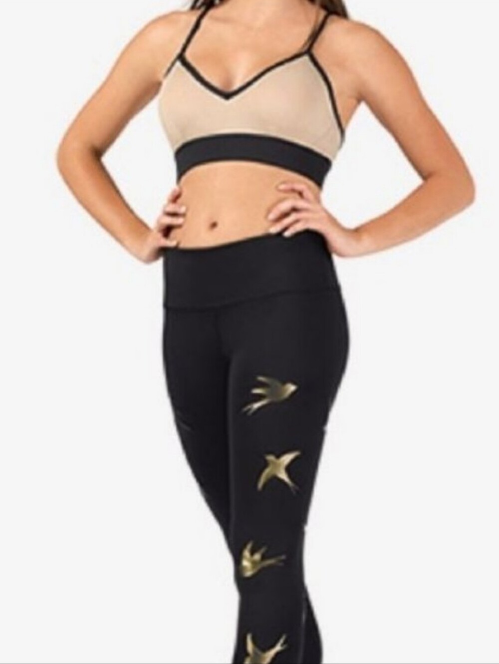 Noli Black Yoga 'Impact Bird' Leggings with Metallic Gold Swallow Motif - Size M